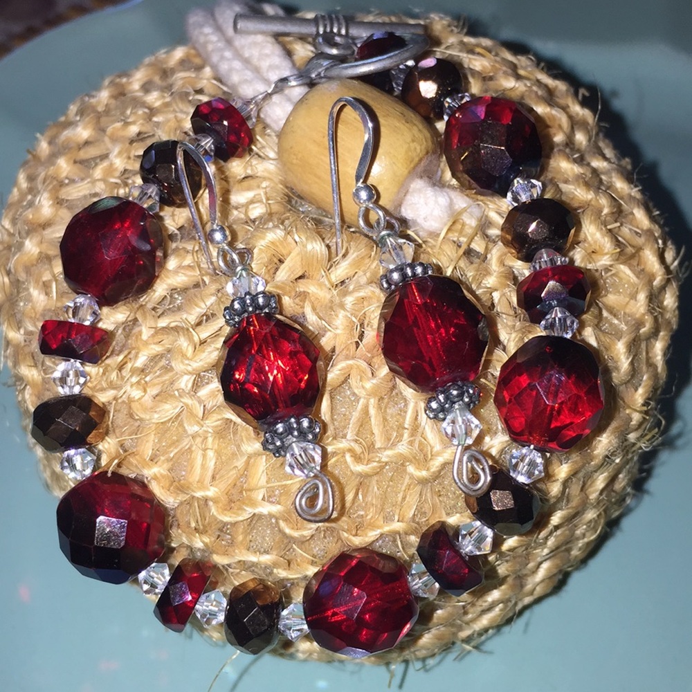 Hand Crafted Red Iridescent Crystal Bracelet & Earring Set